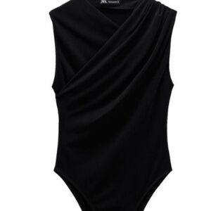 ZARA BLACK SLEEVELESS V NECK DRAPED COLLAR BODYSUIT  SML
